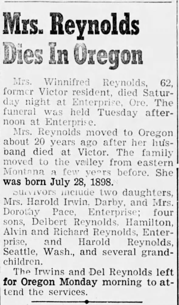 Winifred Reynolds Dies, 11 APR 1961, maternal grandmother